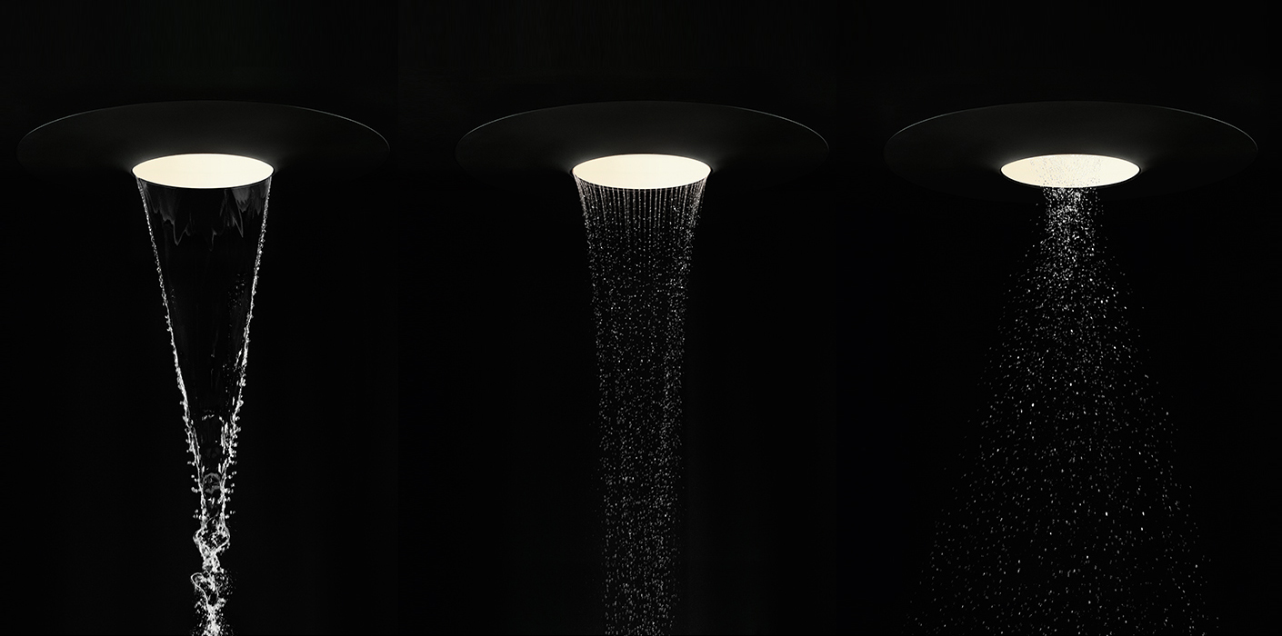 "Aquamoon" by Dornbracht combines fascinating lighting scenarios with three different types of flow modes: "Aqua Circle", "Queen's Collar", and "Tempest" (from left to right)