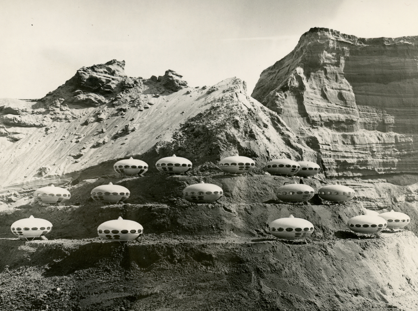 "Futuro" houses on a hillside, late 1960s. The photo was taken with scale models of the "Futuro".