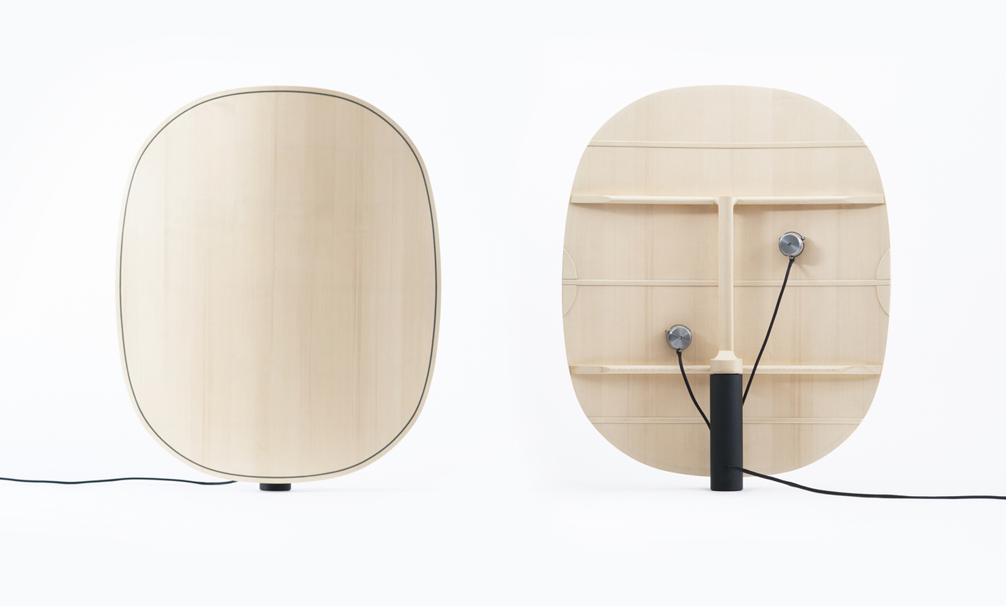 Amplifier "Surfaces Sonores": The curved surface of the pressed plywood panels maximizes the sound of the buzzer.