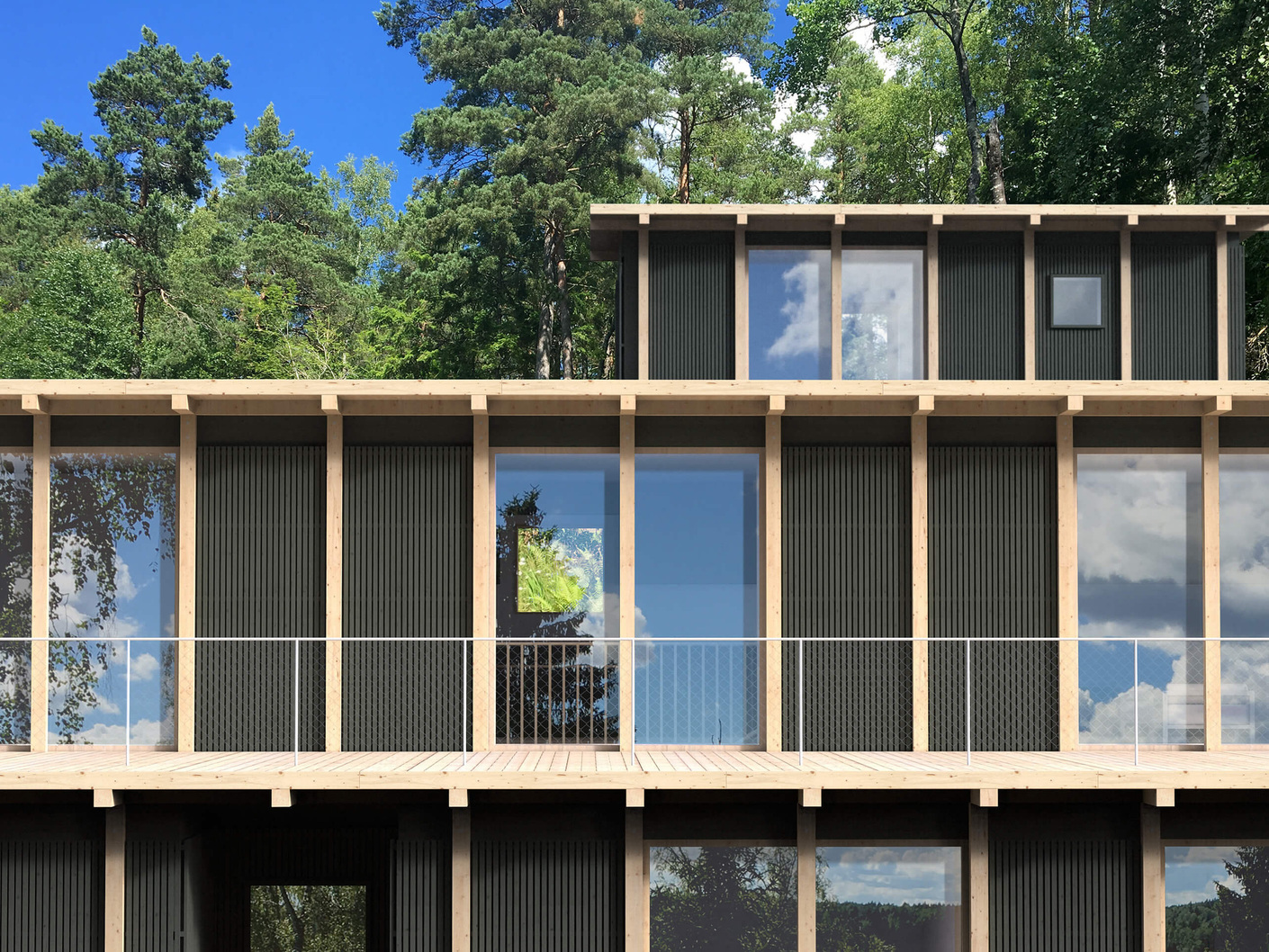 Klar strukturiert: Die Fassade des Gebäudes ist mit Holzelementen rasterförmig aufgebaut.