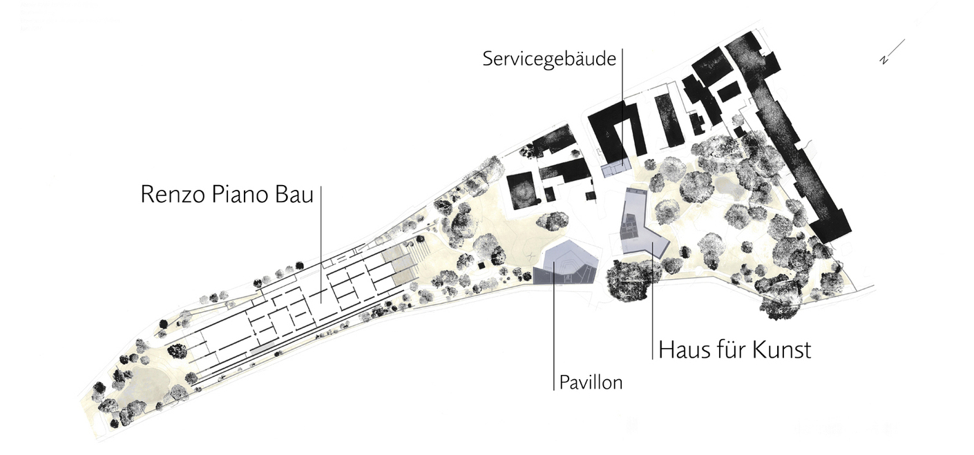 Der Lageplan ist gekippt, Norden und damit auch der Piano-Bau liegen hier links, Zumthors drei Neubauten in der Mitte rechts.