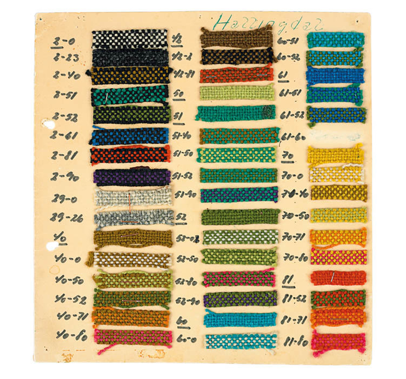 Farbbeispiele der Designerin Nanna Ditzel für den Stoff Hallingdal aus dem Jahr 1965.