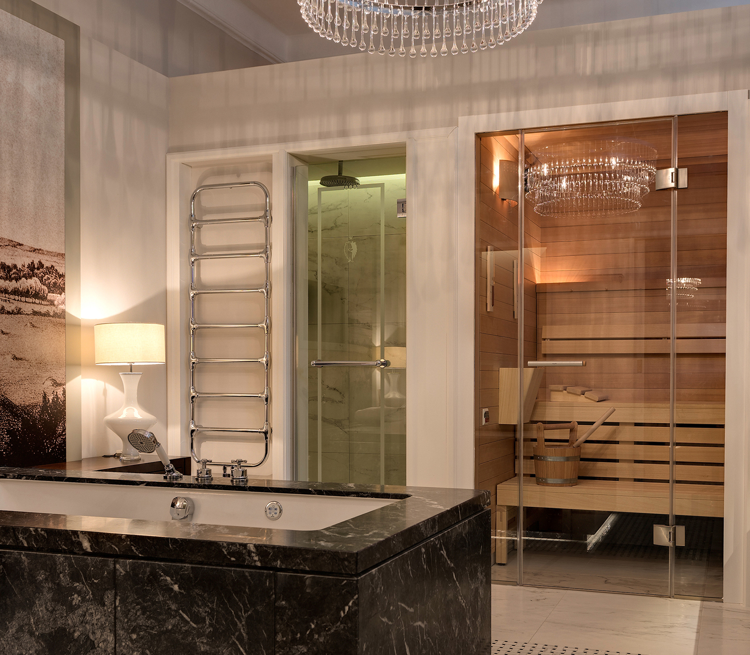 Together with traditional mixers created together with Studio Phoenix Design, boasting clear geometric shapes and refined marble tops.