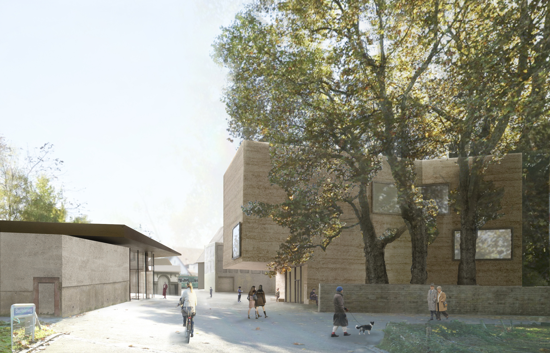 Zumthor umfasst mit seinen Neubauten den Bachtelenweg: links der Veranstaltungspavillon, rechts das dreigeschossige Ausstellungsgebäude.