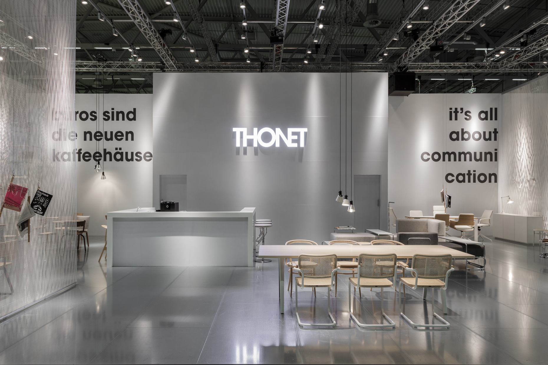 Metal surfaces were an important design element of the Thonet booth designed by Ply Studio.
