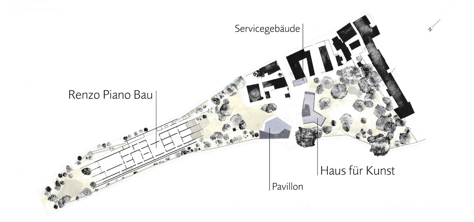 Der Lageplan ist gekippt, Norden und damit auch der Piano-Bau liegen hier links, Zumthors drei Neubauten in der Mitte rechts.