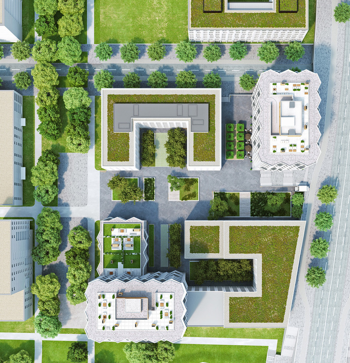 The 15-story residential towers are located in the new quarter “Am Hirschgarten”, which is close to the parks of west Munich.