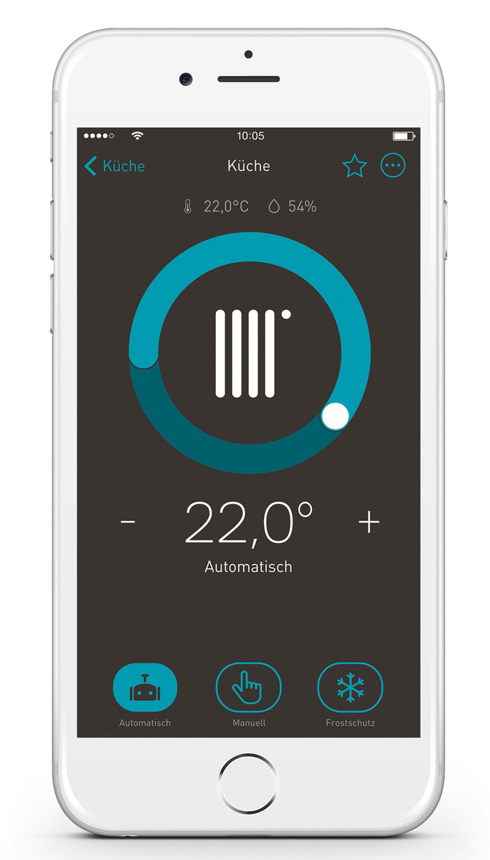 Steuerung der Raumtemperatur sowie Anzeige der Luftfeuchtigkeit mit der eNet Smart Home App.