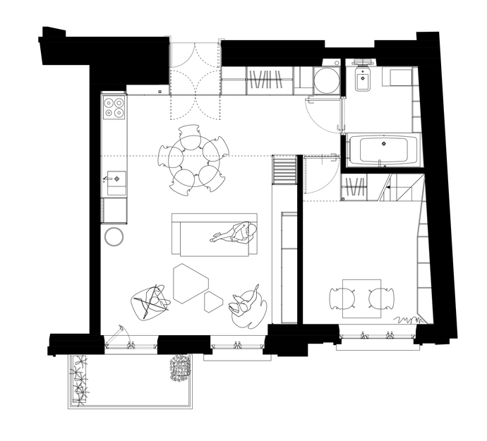 Grundriss der ersten Etage Minimalismus Wohnung in Krakau