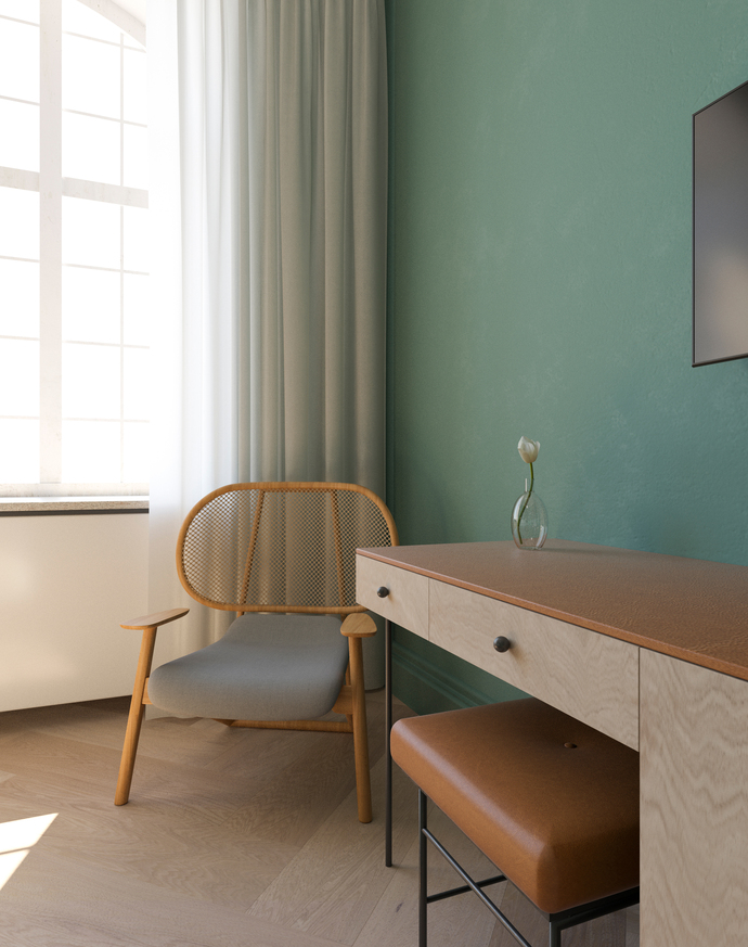 Cool base: Muted Colors were selected for the color scheme in the 77 rooms.
