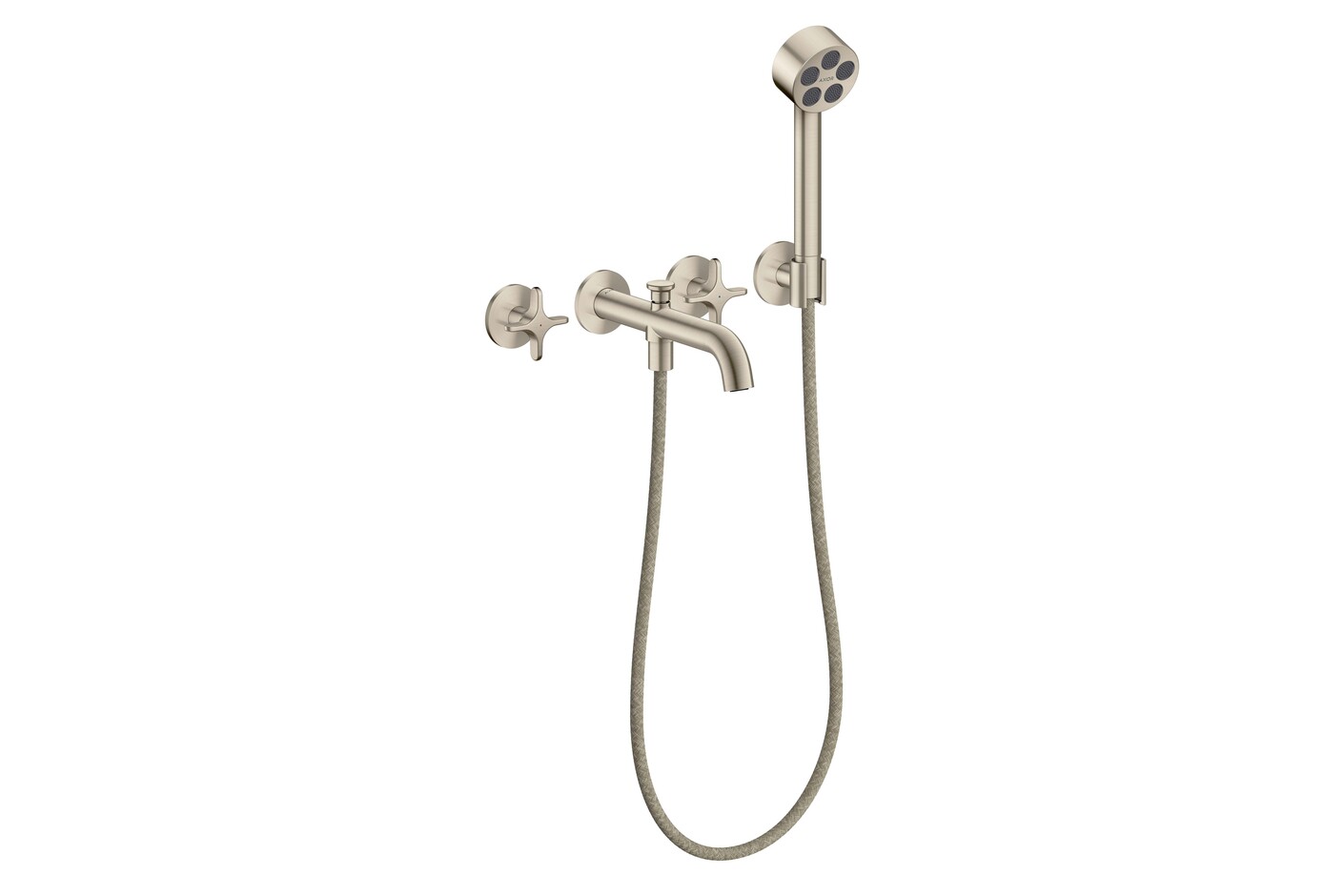 AXOR One 3-hole bath mixer for concealed installation wall-mounted with cross handles and hand shower I Brushed Nickel