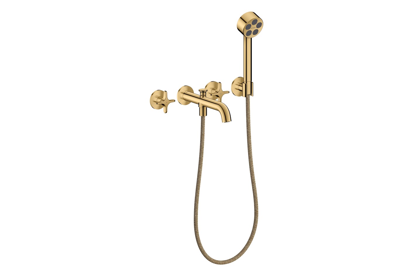 AXOR One 3-Loch Wannenarmatur Unterputz für Wandmontage mit Kreuzgriffen und Handbrause I Polished Gold Optic
