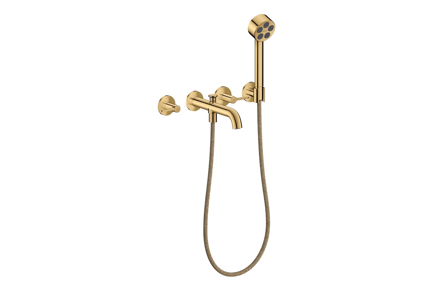 AXOR One 3-hole bath mixer for concealed installation wall-mounted with lever handles and hand shower I Polished Gold Optic