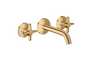 AXOR One 3-hole basin mixer for concealed installation wall-mounted with spout 160 mm and cross handles I Polished Gold Optic  by  AXOR