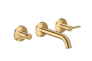 AXOR One 3-hole basin mixer for concealed installation wall-mounted with spout 160 mm and lever handles I Polished Gold Optic  by  AXOR