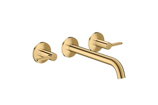 AXOR One 3-hole basin mixer for concealed installation wall-mounted with spout 220 mm and lever handles I Polished Gold Optic  by  AXOR