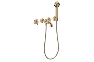 AXOR One 3-hole bath mixer for concealed installation wall-mounted with cross handles and hand shower I Brushed Bronze  by  AXOR