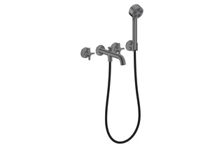 AXOR One 3-hole bath mixer for concealed installation wall-mounted with cross handles and hand shower I Brushed Black Chrome  by  AXOR
