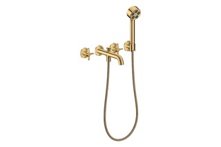 AXOR One 3-hole bath mixer for concealed installation wall-mounted with cross handles and hand shower I Polished Gold Optic  by  AXOR