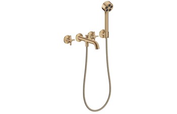 AXOR One 3-hole bath mixer for concealed installation wall-mounted with cross handles and hand shower I Brushed Bronze