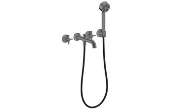 AXOR One 3-hole bath mixer for concealed installation wall-mounted with cross handles and hand shower I Brushed Black Chrome