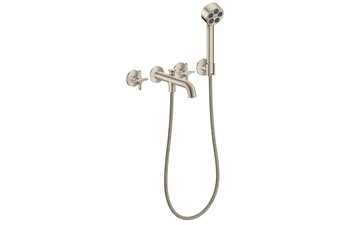 AXOR One 3-hole bath mixer for concealed installation wall-mounted with cross handles and hand shower I Brushed Nickel