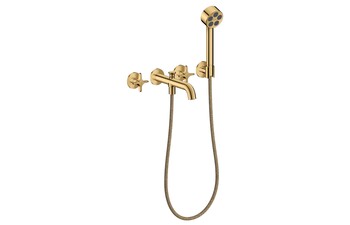 AXOR One 3-hole bath mixer for concealed installation wall-mounted with cross handles and hand shower I Polished Gold Optic