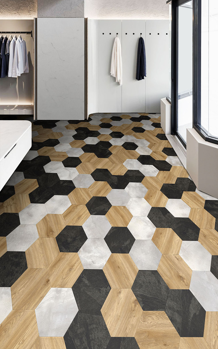 Pattern 260 Studio Moods Big Hexagon Random Cloud Stone 134 Mustang Slate 998 Sierra Oak 346