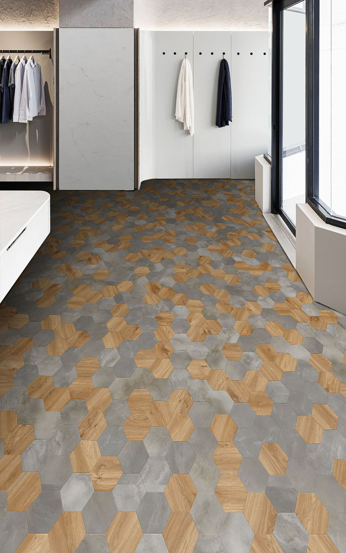 Pattern 323 Studio Moods Hexagon DUO Sierra Oak 346 Cloud Stone 854