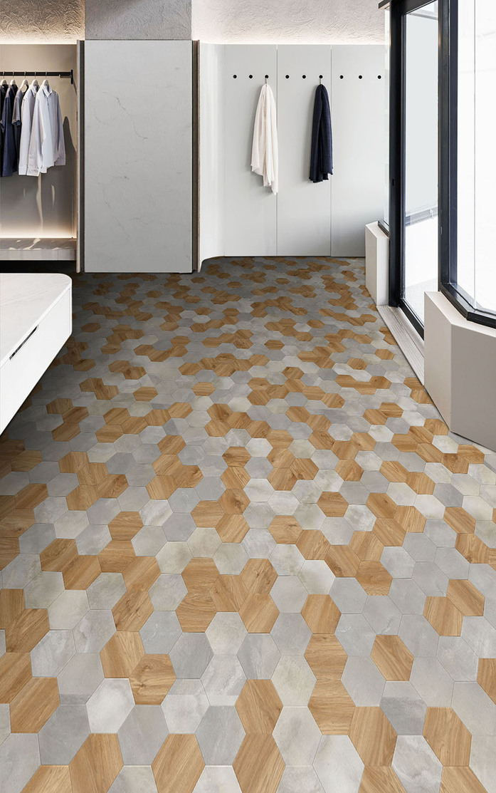 Pattern 334 Studio Moods Hexagon DUO Sierra Oak 346 Cloud Stone 244
