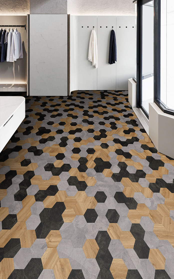 Pattern 343 Studio Moods Hexagon TRIO Sierra Oak 346 Mustang Slate 928 Mustang Slate 998