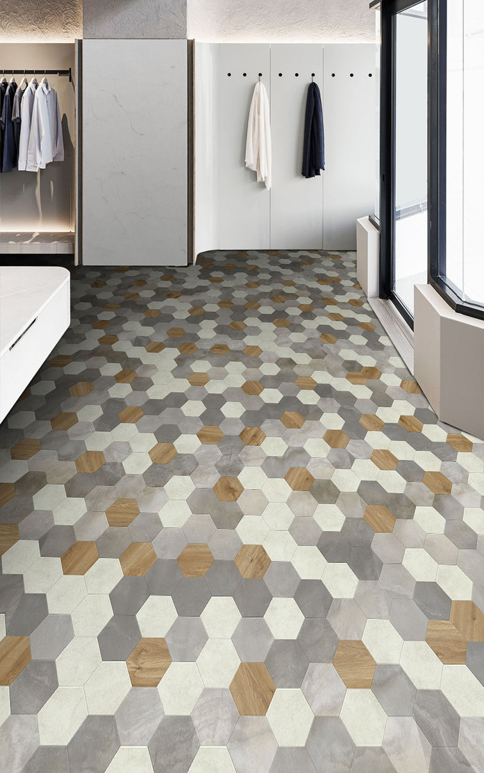 Pattern 348 Studio Moods Hexagon Random Quattro Sierra Oak 346 Jura Stone 110 Cloud Stone 244 and 854