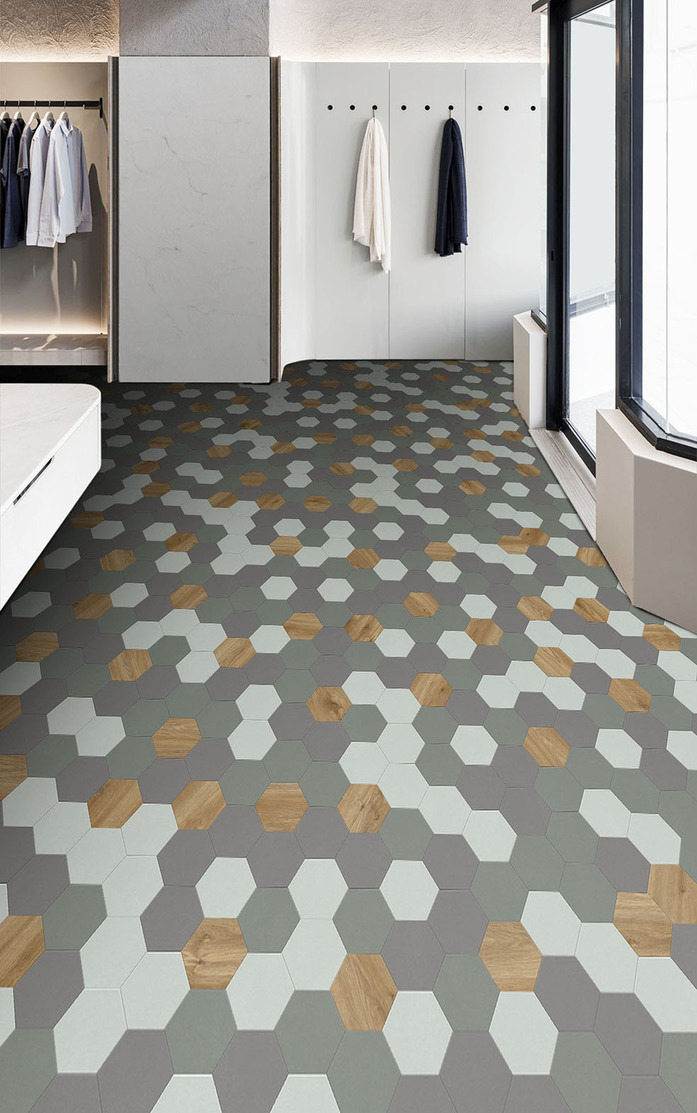 Pattern 349 Studio Moods Hexagon Random Quattro Sierra Oak 346 Desert Crayola 616 and 696 and 772