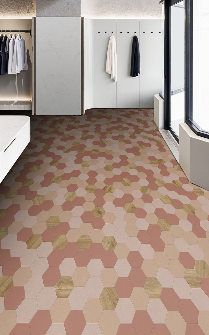 Pattern 350 Studio Moods Hexagon Random Quattro Sierra Oak 346 Desert Crayola 533 and 545 and 562