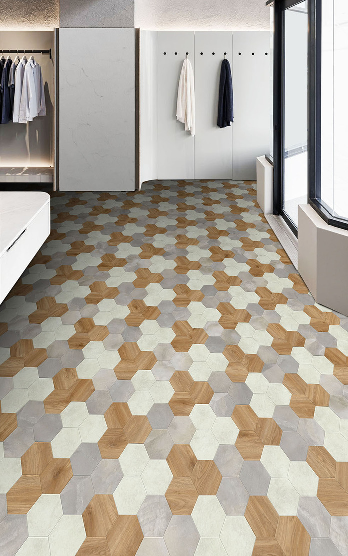 Pattern 351 Studio Moods Hexagon Motion Sierra Oak 346 Jura Stone 110 Cloud Stone 244