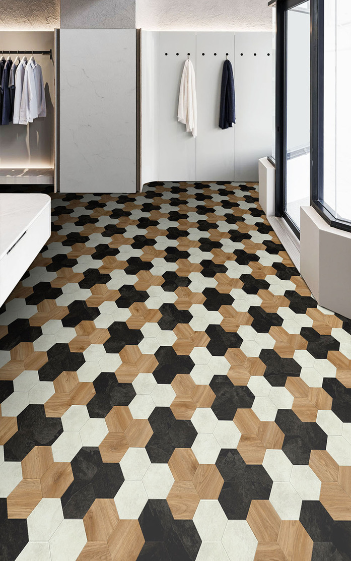 Pattern 354 Studio Moods Hexagon Motion Sierra Oak 346 Jura Stone 110 Mustang Slate 998