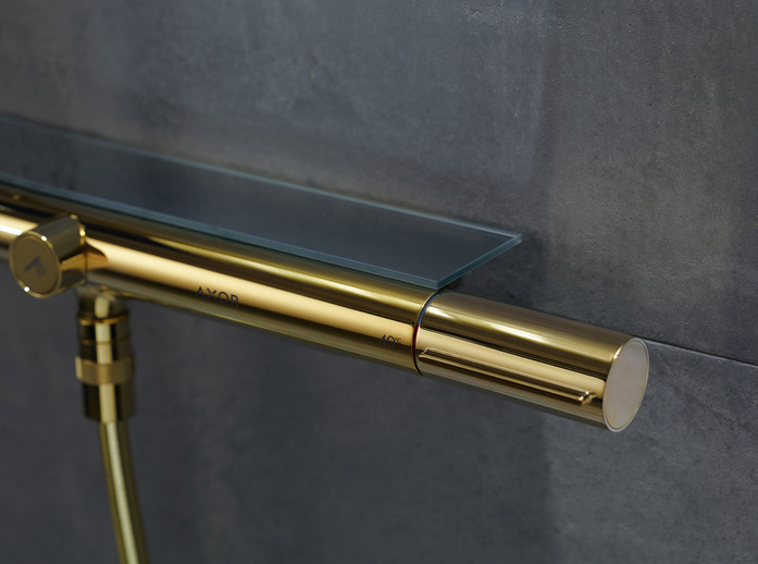 AXOR Shower Solutions Duschsystem mit Thermostat 800 und Kopfbrause 350 1 Strahlart Polished Gold Optic 04