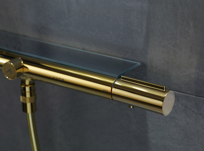 AXOR Shower Solutions Duschsystem mit Thermostat 800 und Kopfbrause 350 1 Strahlart Polished Gold Optic 05
