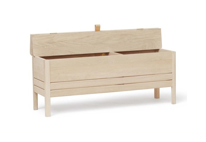 Form and Refine A Line Storage Bench 111 White oak perspective open