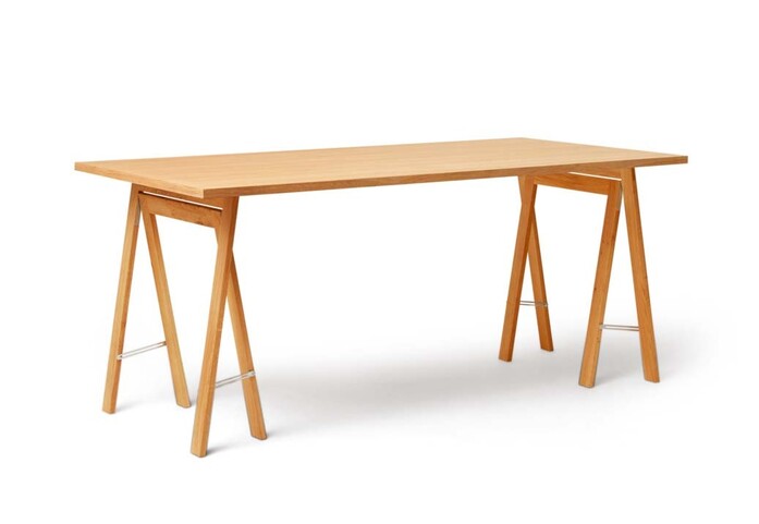 Form and Refine Linear Tabletop 165x88 Oak top oak trestle perspective