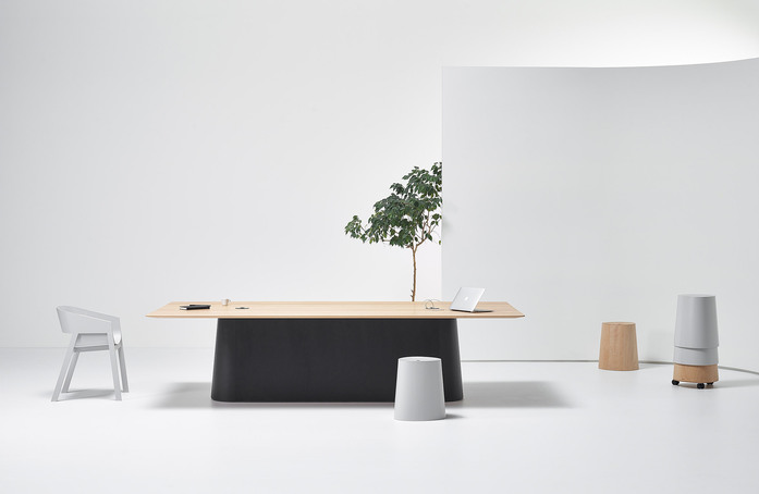 POV table 467 base B123 lacquer top beech natural P O V stool beech natural oak cloud grey P O V trolley Merano armchair oak cloud grey