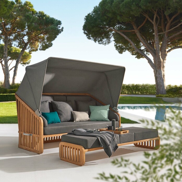 Gartenmoebel loungemoebel sonneninsel strandkorb teak polyacryl dunkelgrau sonnendach bequem ambiente